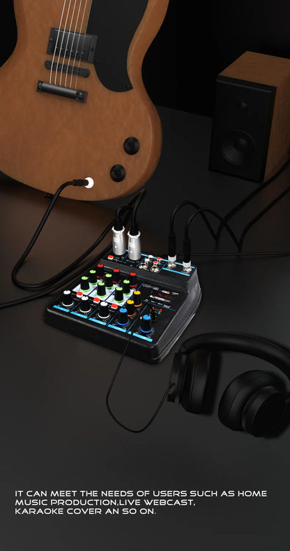 4 Channel DJ Mixer Console – Bluetooth, 48V Phantom Power, USB Audio Interface for Monitor & Karaoke System