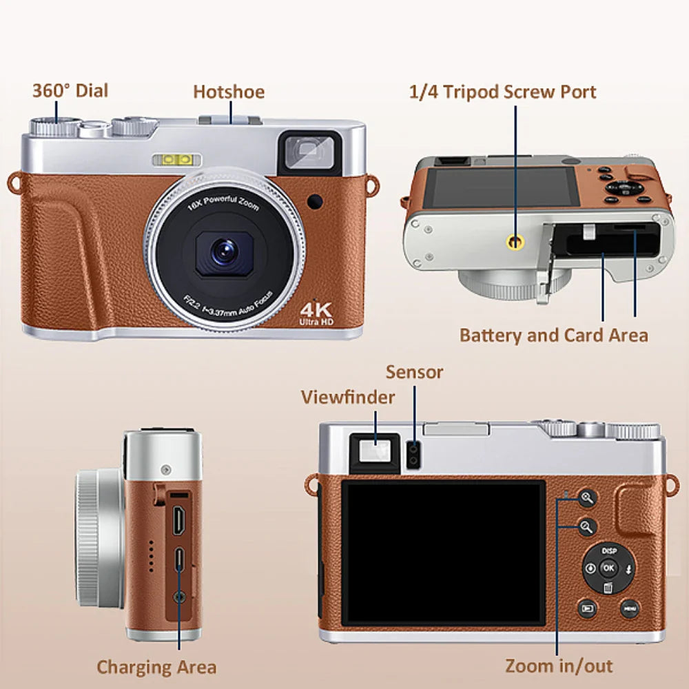 4K Digital Camera – 48MP Auto Focus Vlogging Camera for YouTube, Anti-Shake, Viewfinder, Flash & Dial (Brown)