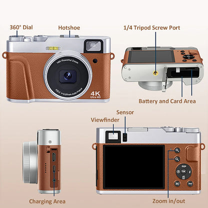 4K Digital Camera – 48MP Auto Focus Vlogging Camera for YouTube, Anti-Shake, Viewfinder, Flash & Dial (Brown)