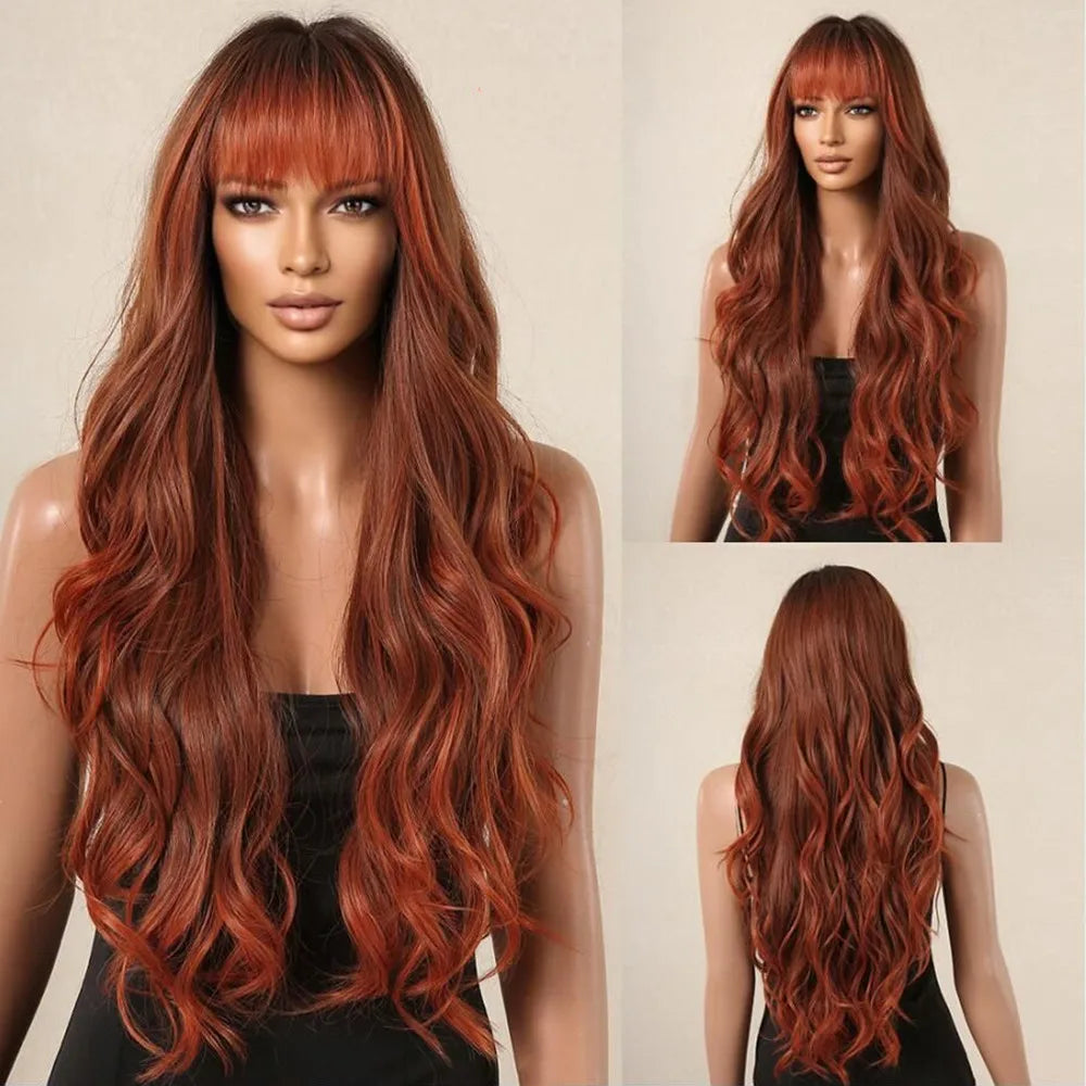 Ombre Honey Brown Long Synthetic Wig with Bangs — Wavy, Realistic, Soft, Heat-Resistant Hair for Daily & Party