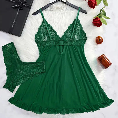 Women’s Lingerie Set — Plus Size Lace Nightgown, Thong & Suspender Sexy Sleepwear