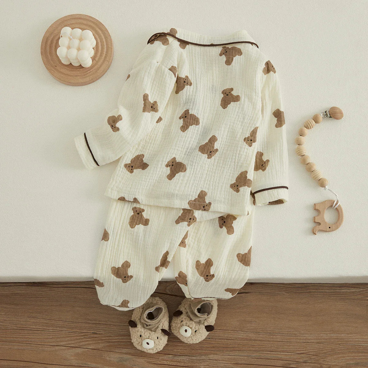 VISgogo Kids Unisex Cotton Linen Pajama Set - Bear Print Long Sleeve Top & Pants, Casual Spring Outfit