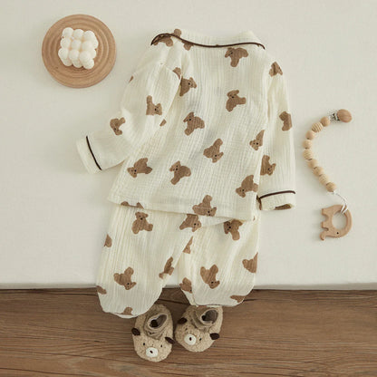 VISgogo Kids Unisex Cotton Linen Pajama Set - Bear Print Long Sleeve Top & Pants, Casual Spring Outfit