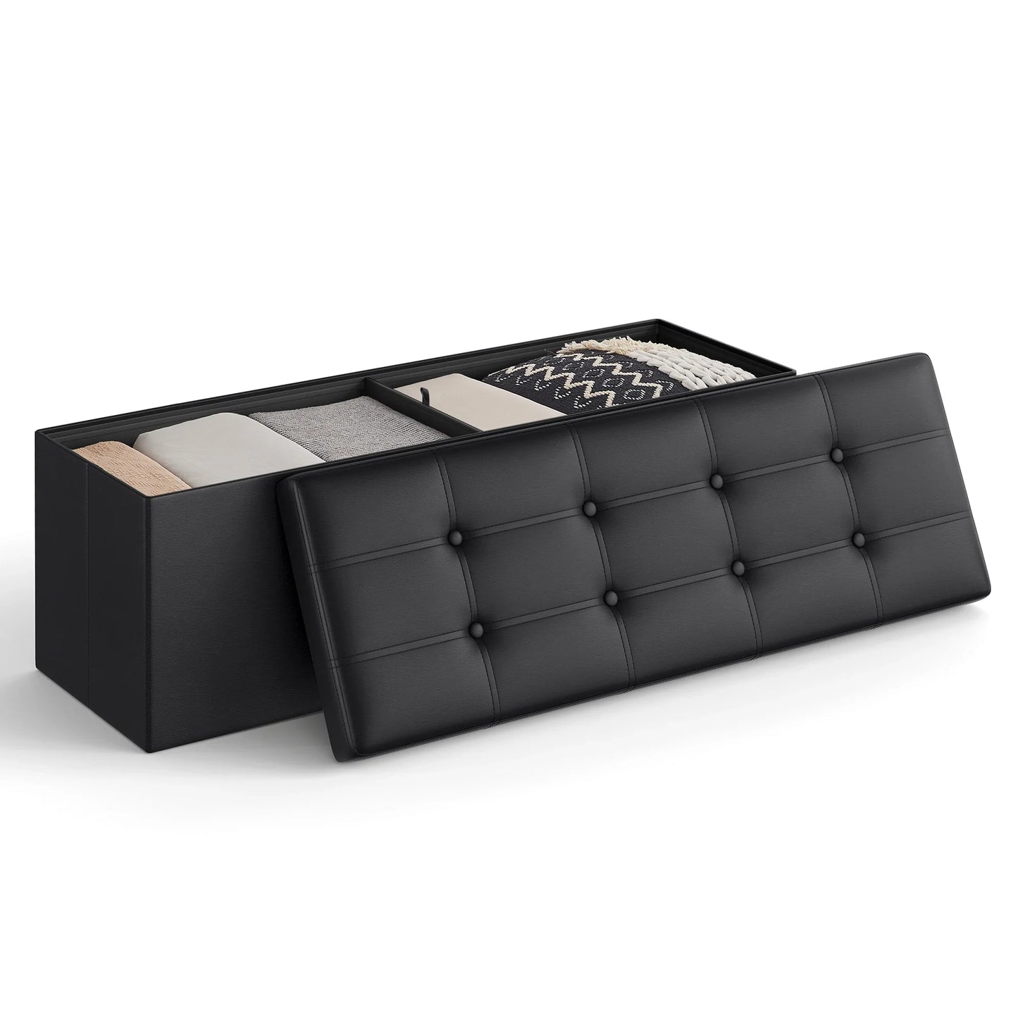 SONGMICS 43-Inch Folding Storage Ottoman Bench – Faux Leather Padded Seat, Storage Chest, Footrest & Coffee Table