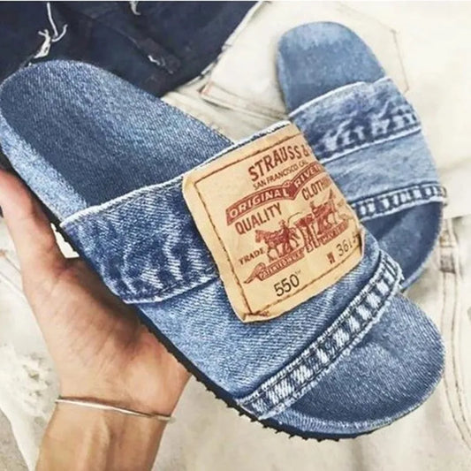 2024 Fashion Denim Slippers for Women - Non-slip, Comfortable Flat Slides, Outdoor Beach Casual Summer Shoes