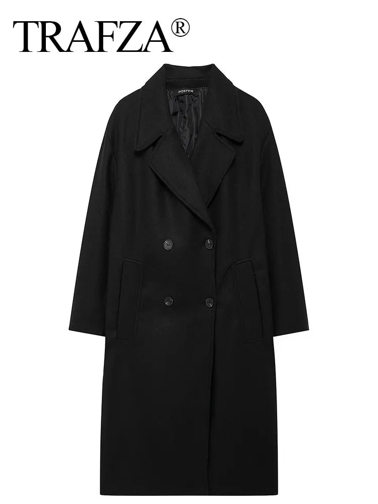 TRAFZA 2024 Women’s Autumn Loose Coat – Lapel Double-Breasted Long Sleeve Trench Jacket, Winter Warm Vintage Outerwear
