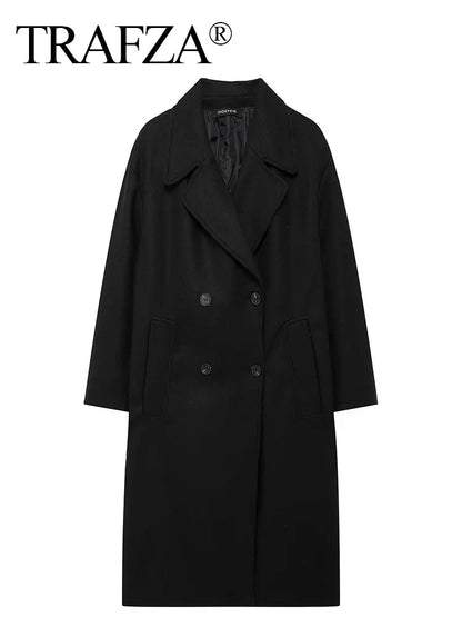 TRAFZA 2024 Women’s Autumn Loose Coat – Lapel Double-Breasted Long Sleeve Trench Jacket, Winter Warm Vintage Outerwear