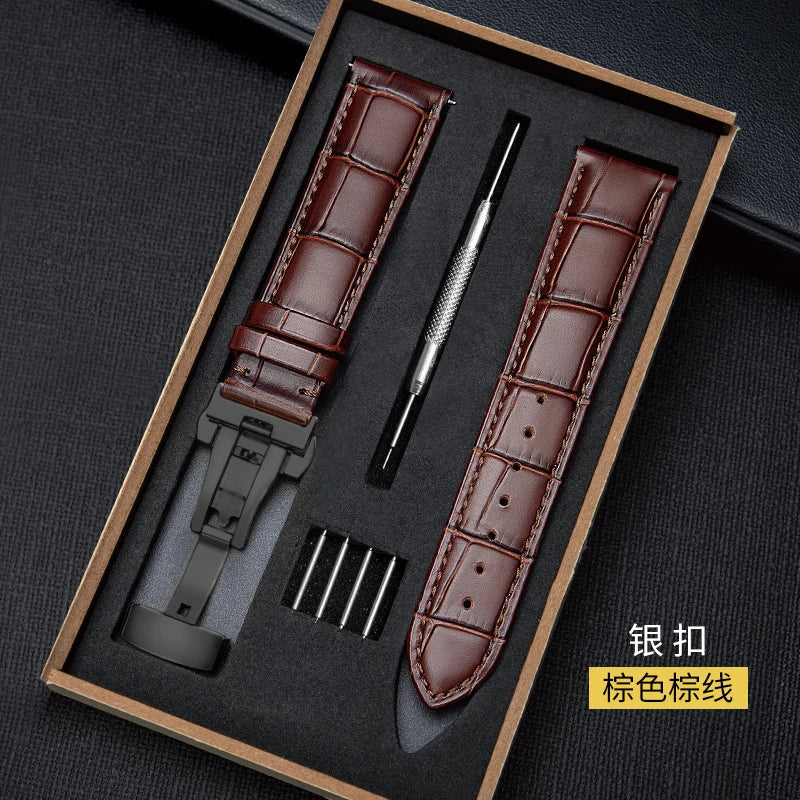 Genuine Leather Watch Strap with Wooden Box – Butterfly Clasp Bracelet 18-24mm Wristband