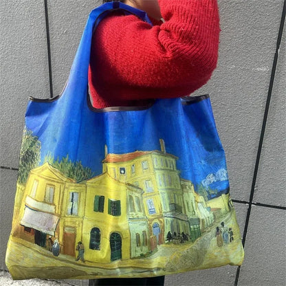 Flower Oil Painting Foldable Reusable Shopping Bag – Large Capacity Portable Shoulder Tote for Travel, Grocery & Beach Storage Handbag