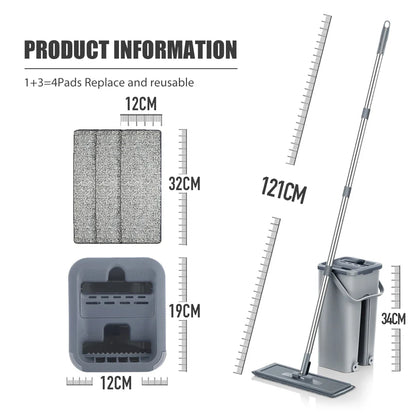Hands-Free Flat Floor Mop & Bucket Set – Professional Home Cleaning System with Washable Microfiber Pads for Hardwood
