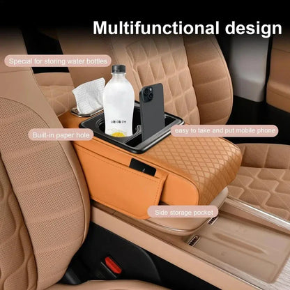 Auto Center Console Armrest Cushion Heightening Pad – All-Season Car Armrest Pillow with Dual Cup Holders & Comfort Cover