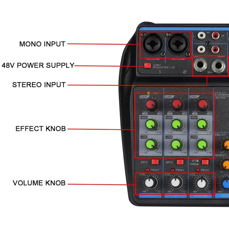4-Channel DJ Mixer Console – Bluetooth Audio Mixer with 48V Phantom Power, USB & Karaoke Monitor System