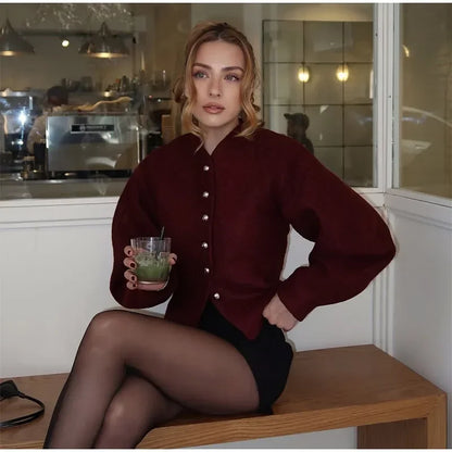 2025 Women's Elegant Long Sleeve Woolen Coat – V-Neck, Single-Breasted Slim Fit Solid Color Office Jacket