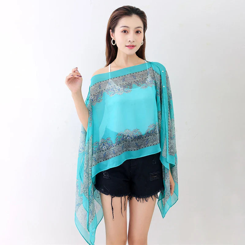 Women’s Summer Beach Shawl – Loose Chiffon Bikini Cover-Up Blouse with Buttons Sun Protection Scarf