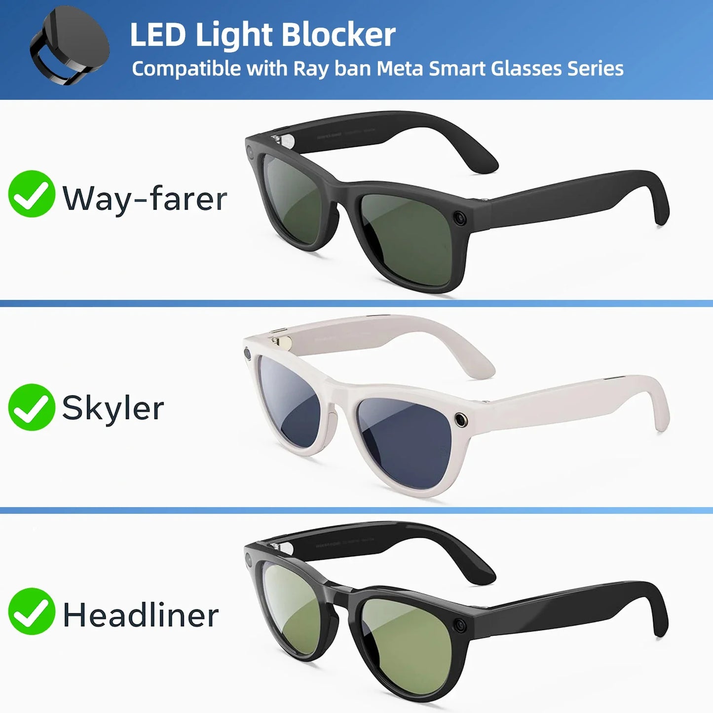 LED Light Cover for Ray-Ban Meta 2 Smart Glasses – Adjustable Light Blocker Compatible with Wayfarer Skyler Headliner