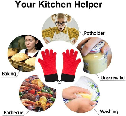 Heat-Resistant Silicone Gloves – Non-Slip Oven Mitts for Kitchen, BBQ, Baking & Cooking with Canvas Stitching
