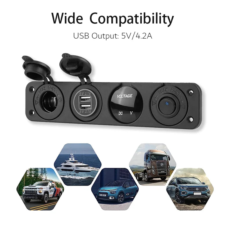4-in-1 Marine Switch Panel | 12V Dual USB Charger, Power Outlet, LED Voltmeter & Cigarette Lighter Socket