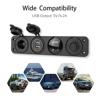 4-in-1 Marine Switch Panel | 12V Dual USB Charger, Power Outlet, LED Voltmeter & Cigarette Lighter Socket