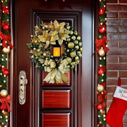 40cm Christmas Wreath with Lantern – Front Door Garland with Large Bow, Seasonal Holiday Ornament for Wall & Door Decor