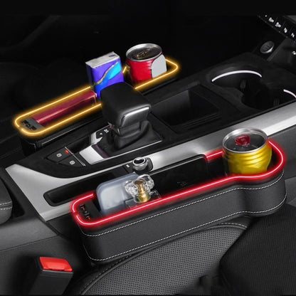 Car Crevice Storage Box with 2 USB Charger – LED Seat Gap Organizer, Phone, Bottle, and Cup Holder