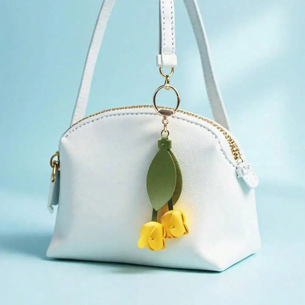 Fashion Tulip PU Leather Bag Charm Keychain – Cute Flower & Leaf Pendant, Creative Handbag Decoration Gift for Family & Friends