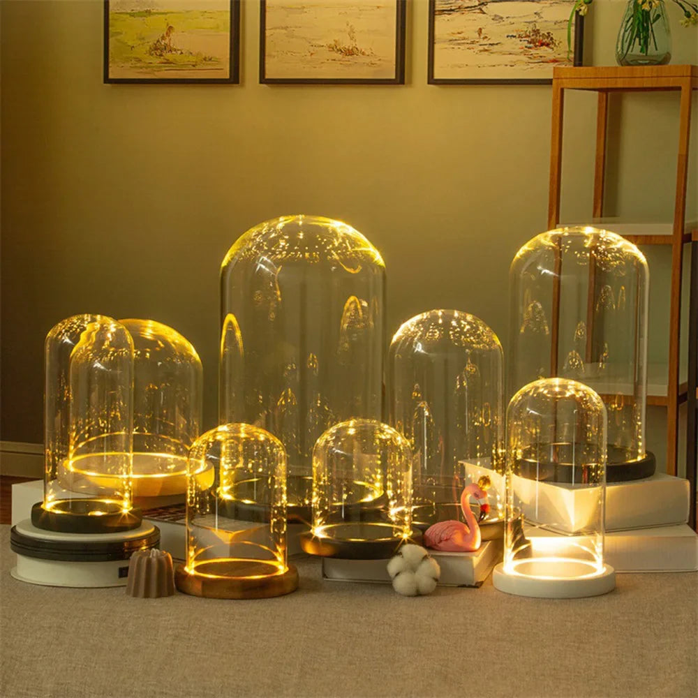 Glass Dome with Wooden Base & LED Light – Terrarium Vase, Flower Holder, Landscape Container for Bedroom Decor & Birthday Gifts