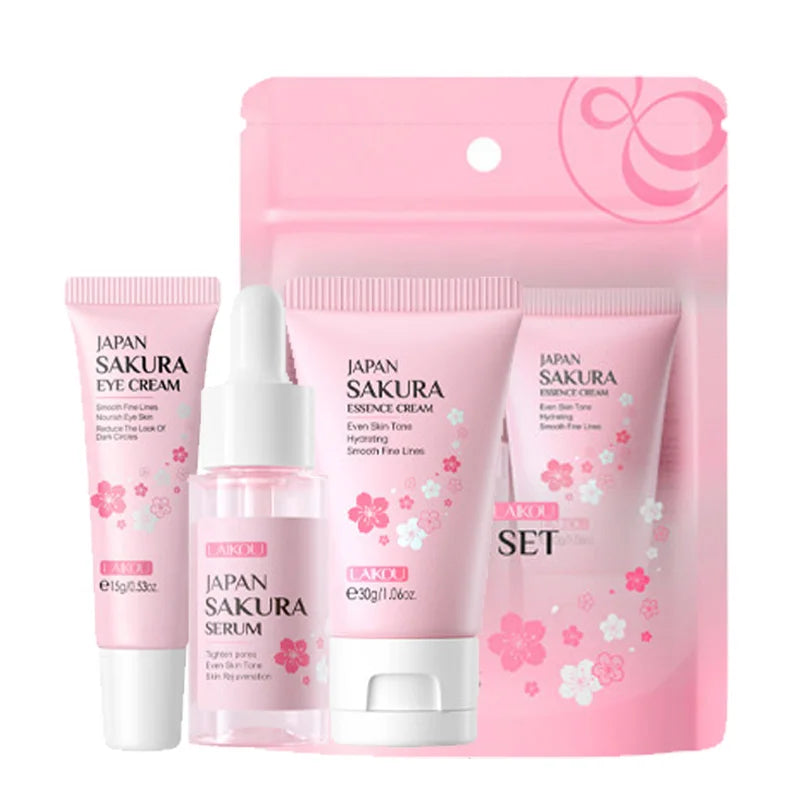 LAIKOU 3pcs Vitamin C & 24K Gold Sakura Skincare Set — Moisturizing Face Cream, Serum & Eye Cream, Anti-Wrinkle Face Care Kit