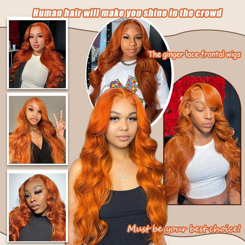 Ginger Orange 13x6 Lace Front Wig – 200% Density Body Wave Human Hair, Pre-Plucked Colored Wig for Women