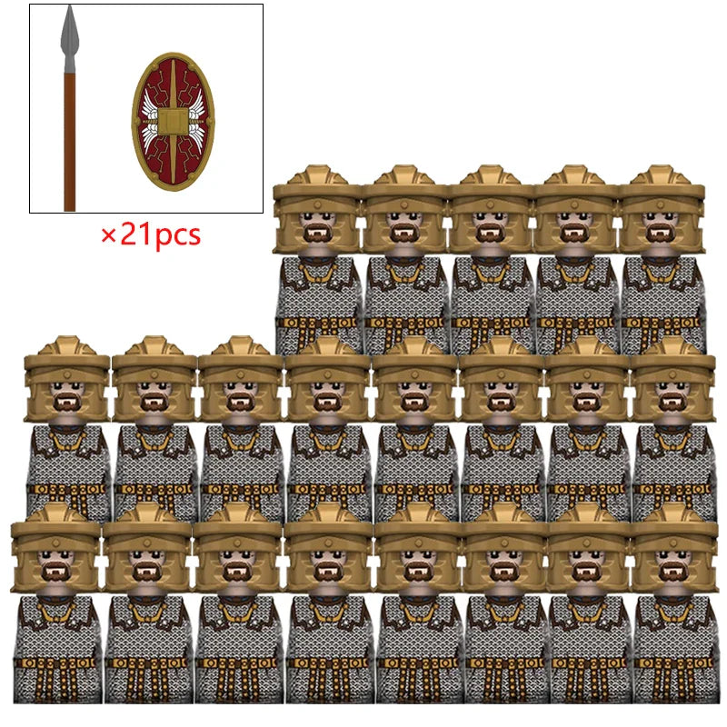 21PCS MOC Medieval Knights & Roman Legion Soldiers Building Blocks Set Warrior Figures with Weapons Helmet Bricks Toy Collection