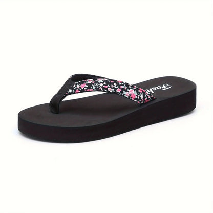 Women’s Floral Platform Flip Flops - Lightweight Non-Slip Breathable Open-Toe Beach Slippers