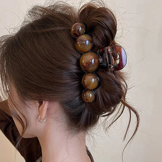 Retro Gradient Beaded Hair Claw 11cm | Women’s Geometric Plastic Shark Clip Hair Accessory