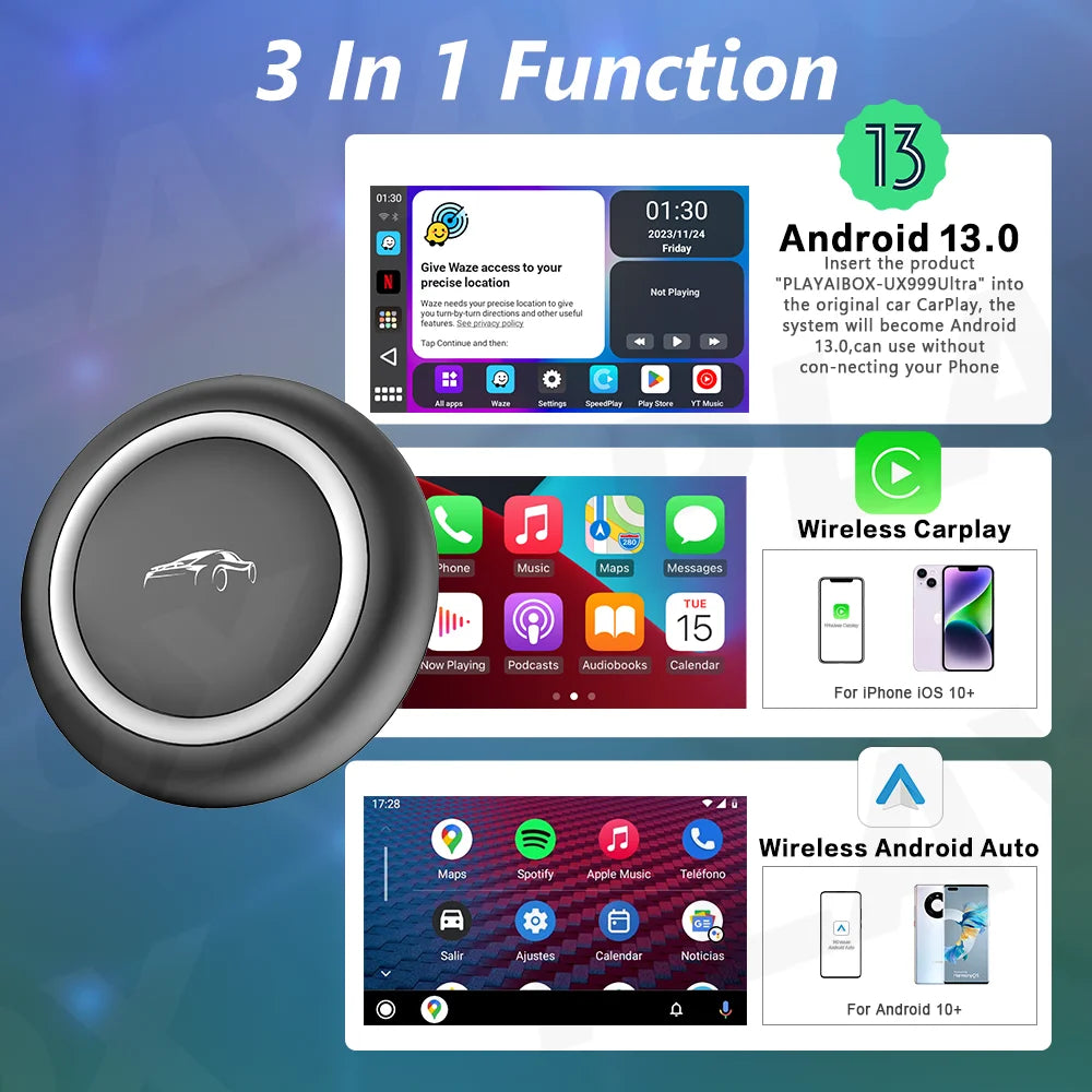 CarPlay TV Box Android 13 – Wireless Android Auto CarPlay Adapter Qualcomm 6225 8GB+128GB for Volvo, Benz, Audi, Kia, Hyundai, Mazda, VW