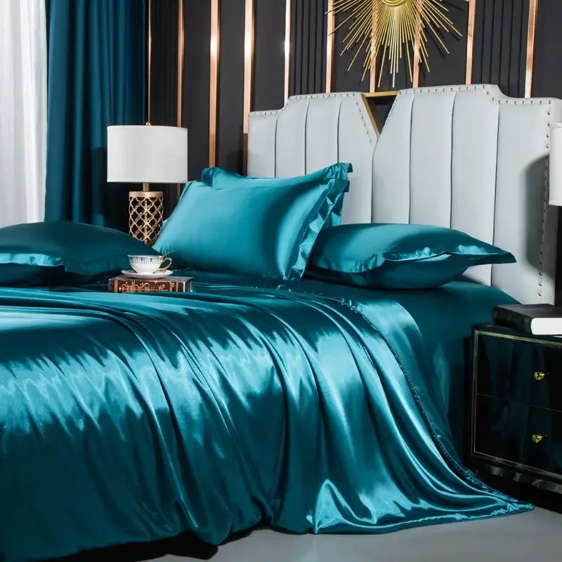 Nordic Silk Bedding Set With Duvet Cover - Luxury Solid Color Bed Sheet & Pillowcase Set For Single Double Couple Summer Bed Linen