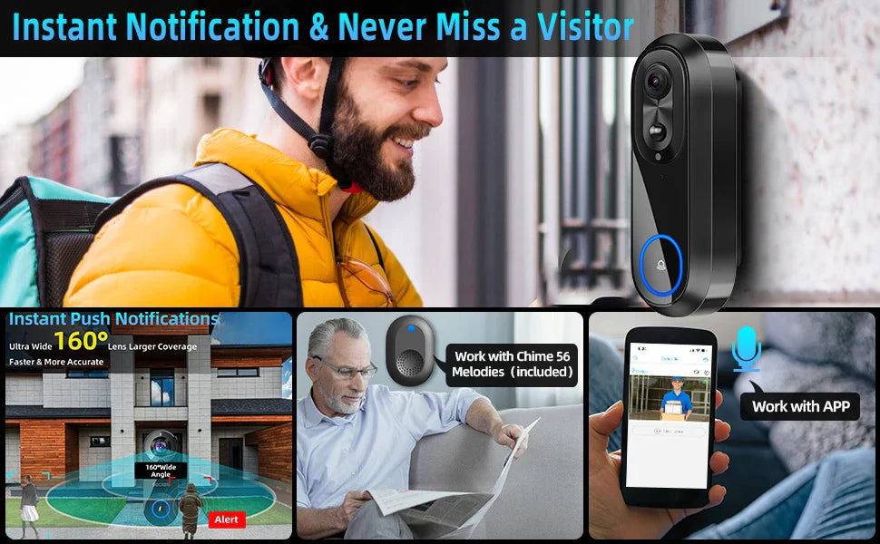 5G/2.4G WiFi 1080P Wireless Video Doorbell — Tuya App Smart Intercom, IP65 Waterproof, 7000mAh Battery