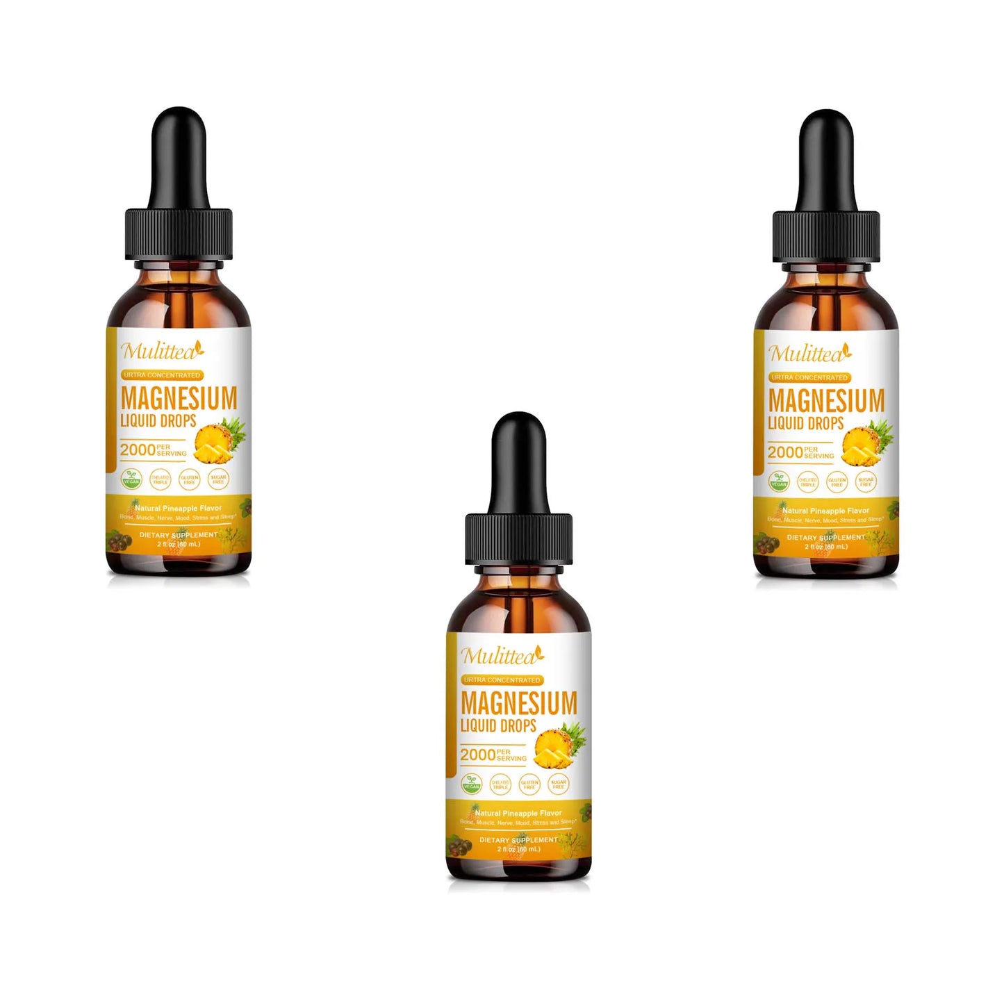 Mulittea Magnesium Glycinate Drops – Pineapple Flavor for Mood Calm, Muscle Relaxation, Sleep Support & Nerve Health
