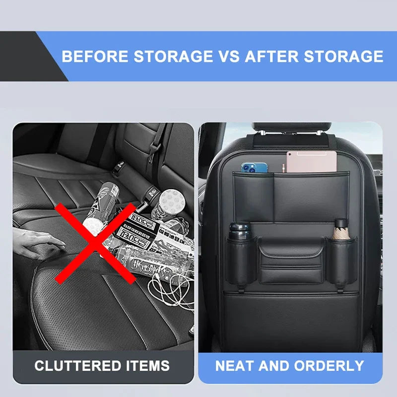 All-in-One Car Seat Back Storage Bag – Upgraded 6 Pocket Organizer with Hook, Tissue Holder, Anti-Kick Pad & Cup Holder