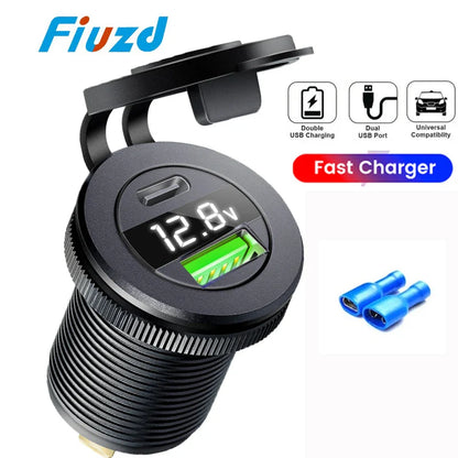 USB Car Charger PD 3.0 Quick Charge Power Socket with LED Voltmeter 12V/24V Waterproof Dual Port for Car Boat Universal Power Outlet