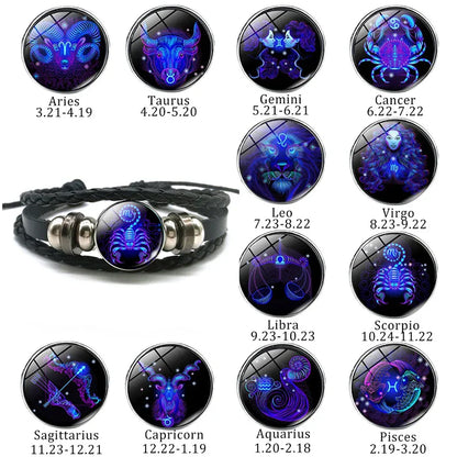 New Men's 12 Constellation Black Braided Leather Bracelet – Punk Style Zodiac Sign Multilayer Wrap Bracelet for Birthday Gifts