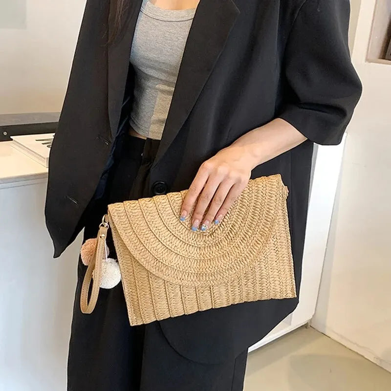 Handmade Straw Beach Bag – Small Woven Summer Shoulder Crossbody Clutch with Hair Ball