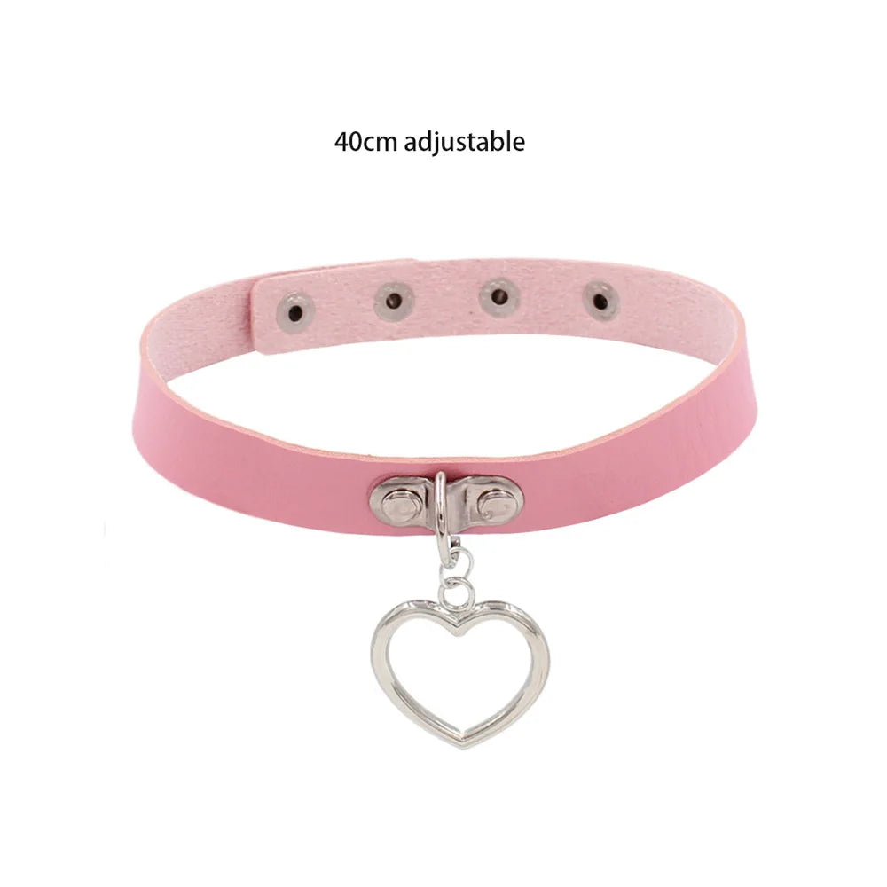 Pink Gothic Collar Necklace – Trendy Rock Leather Heart with Rivets, Harajuku Punk Choker Jewelry for Women, Gift Idea