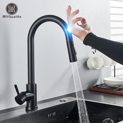 Pull-Out Sensor Black Kitchen Faucet - Sensitive Touch Control Mixer Tap for Kitchen Sink