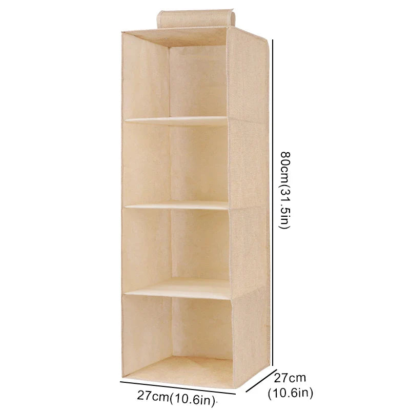 Cotton Linen Hanging Storage Bag with Drawers — Collapsible Wardrobe Organizer Box and Clothes Holder Shelves
