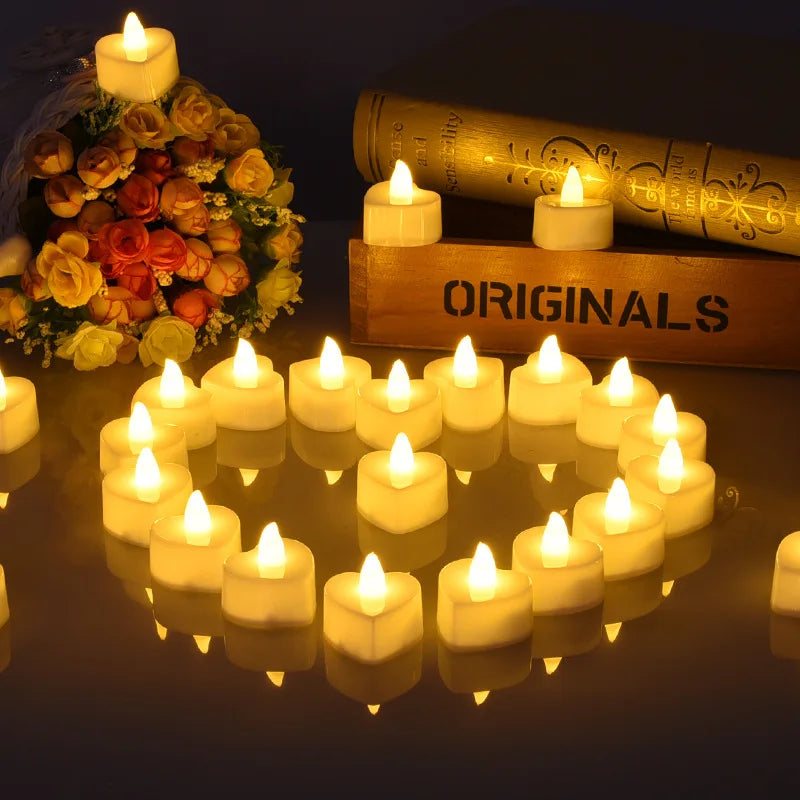 Heart-shaped Flameless LED Candle Set: 24Pcs Battery-Powered Tealights for Home, Christmas, Wedding Decor