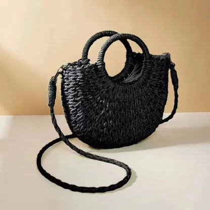 Yogodlns Handmade Half-Round Rattan Straw Bag – Summer Women’s Small Beach Messenger Crossbody Handbag