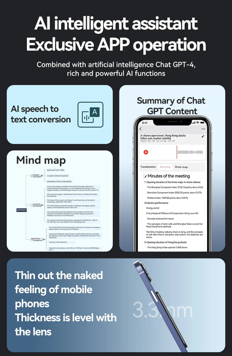 AI-Powered ChatGPT-4 Phone Call Recorder – Mini Audio Voice Recorder, Transcribe & Summarize, 58 Language Translator, Audio Dictaphone