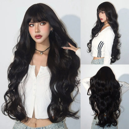 Light Green Long Wavy Synthetic Wig with Bangs – Blackish Green Cosplay & Lolita Style, Heat-Resistant for Women