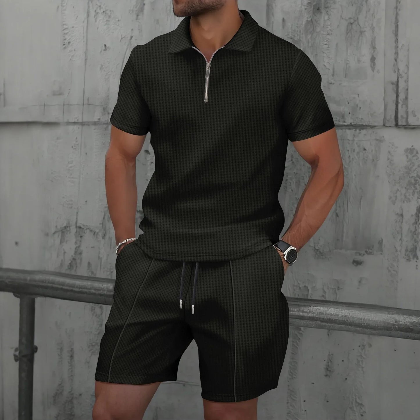 2025 Men's Summer Waffle Knit Short Set – Solid Color Zip-Up Lapel Shirt & Shorts | European & US Style