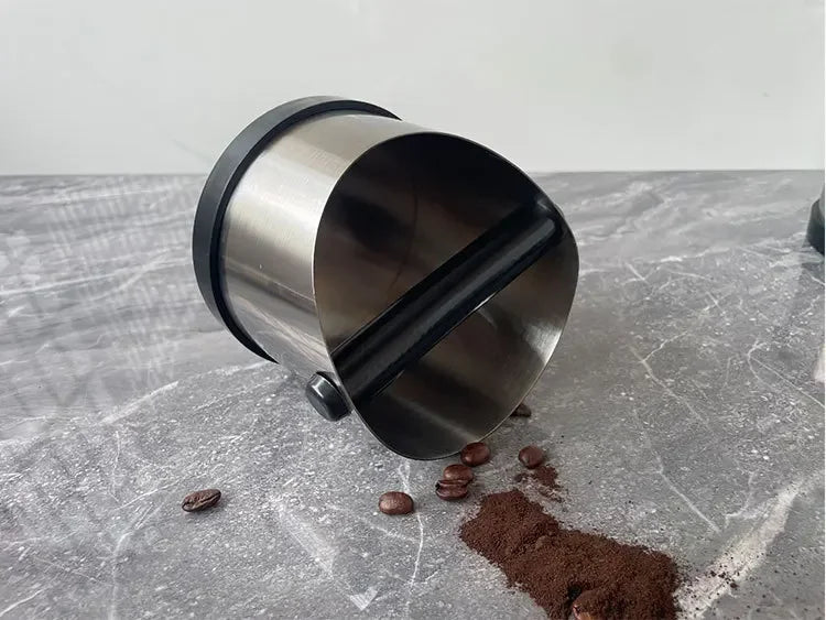 Stainless Steel Coffee Knock Box – Non-Slip Espresso Ground Bin with Rubber Ring and Beveled Design