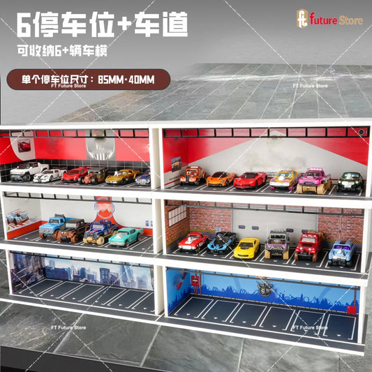 1:64 Scale Garage Scene Model with Lights – Assembled Parking Lot Diorama for Miniature Car Display