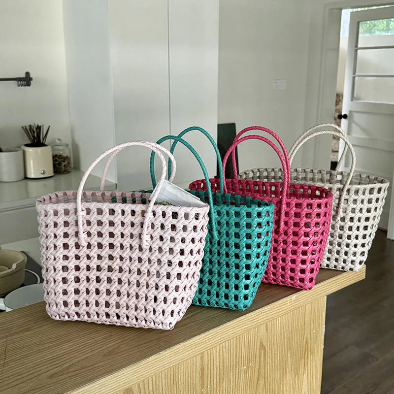 Hylhexyr Handheld Woven Shoulder Bag – PVC Tote for Vegetables, Beach, Picnic & Vacation, Women’s Handbag